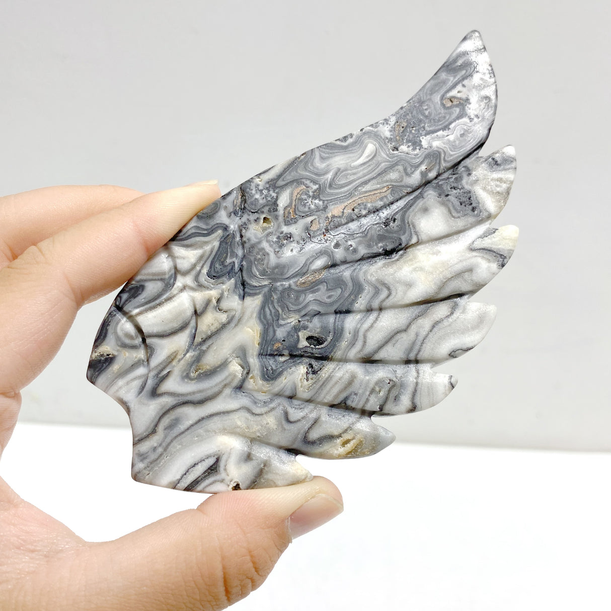 Unique Gray Blue Agate Heart Wing Carving With Stand