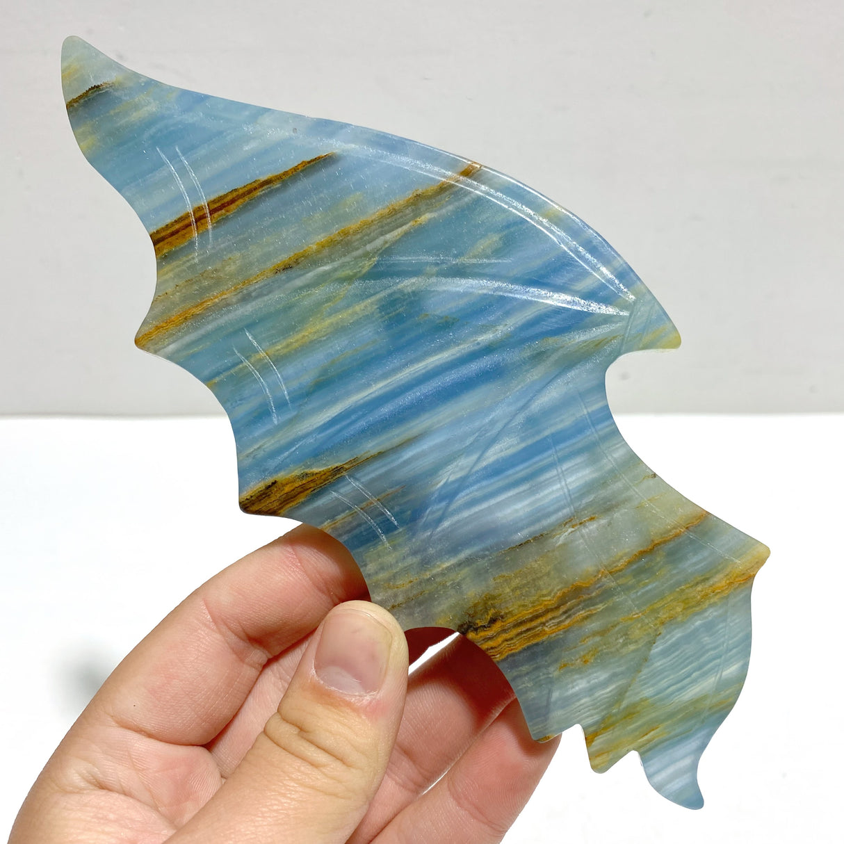 Unique Blue Onyx Demon And Angel Wing Carving With Stand