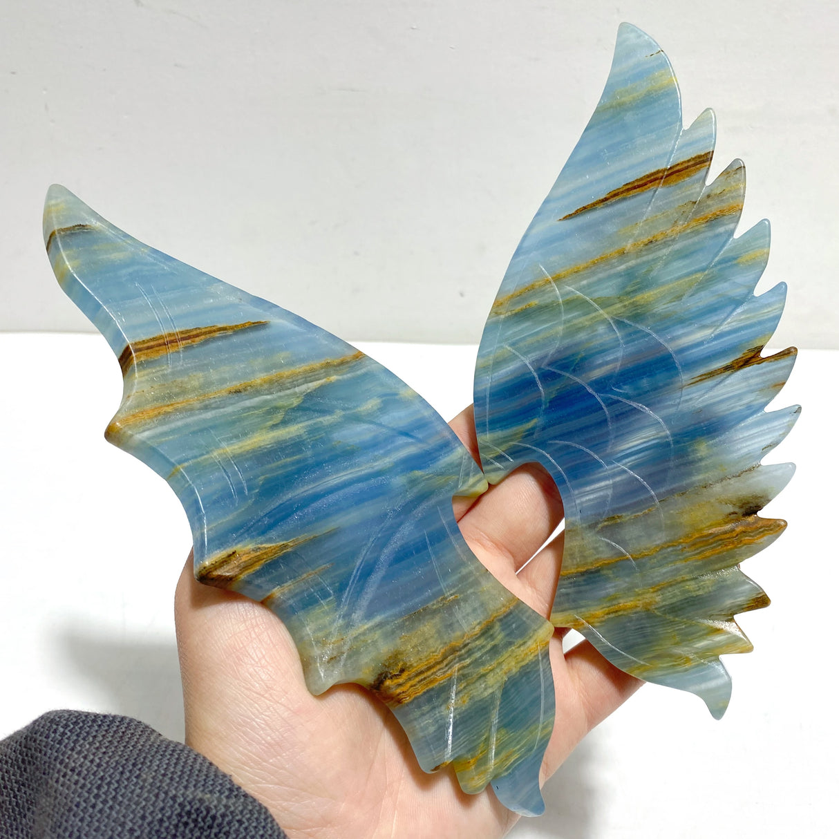 Unique Blue Onyx Demon And Angel Wing Carving With Stand