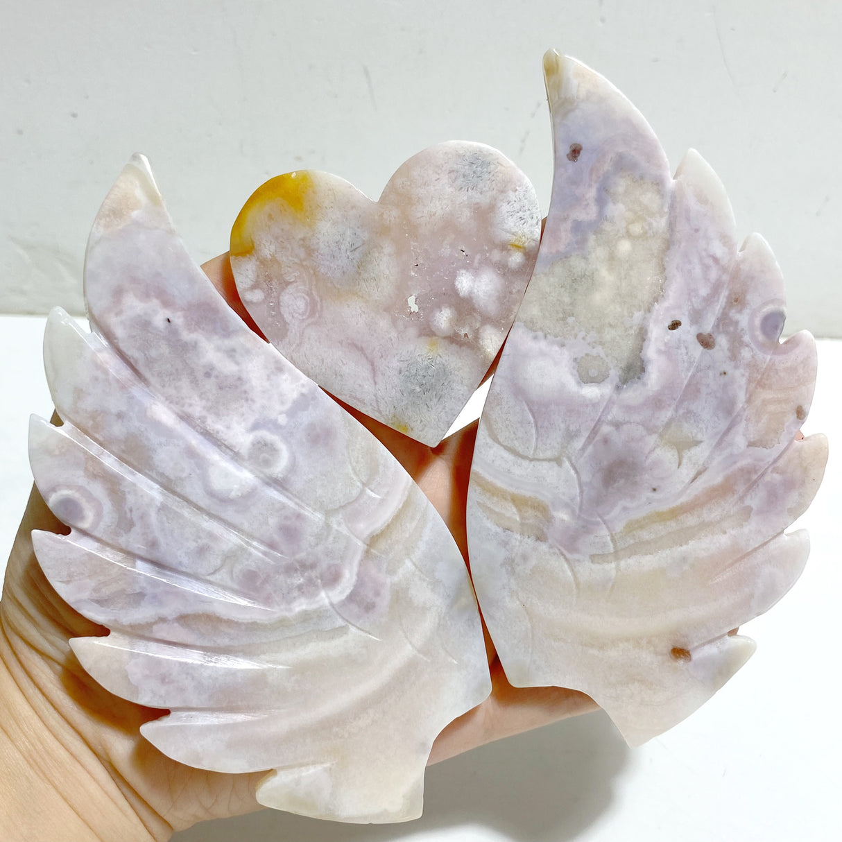 Pink Amethyst Heart Wing Carving With Stand