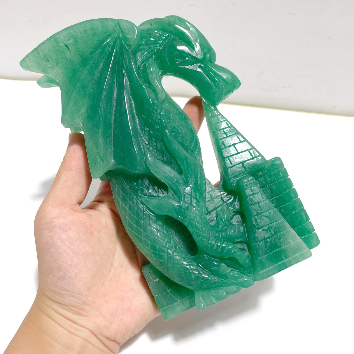 Unique Green Aventurine Flying Dragon Castle Carving #2