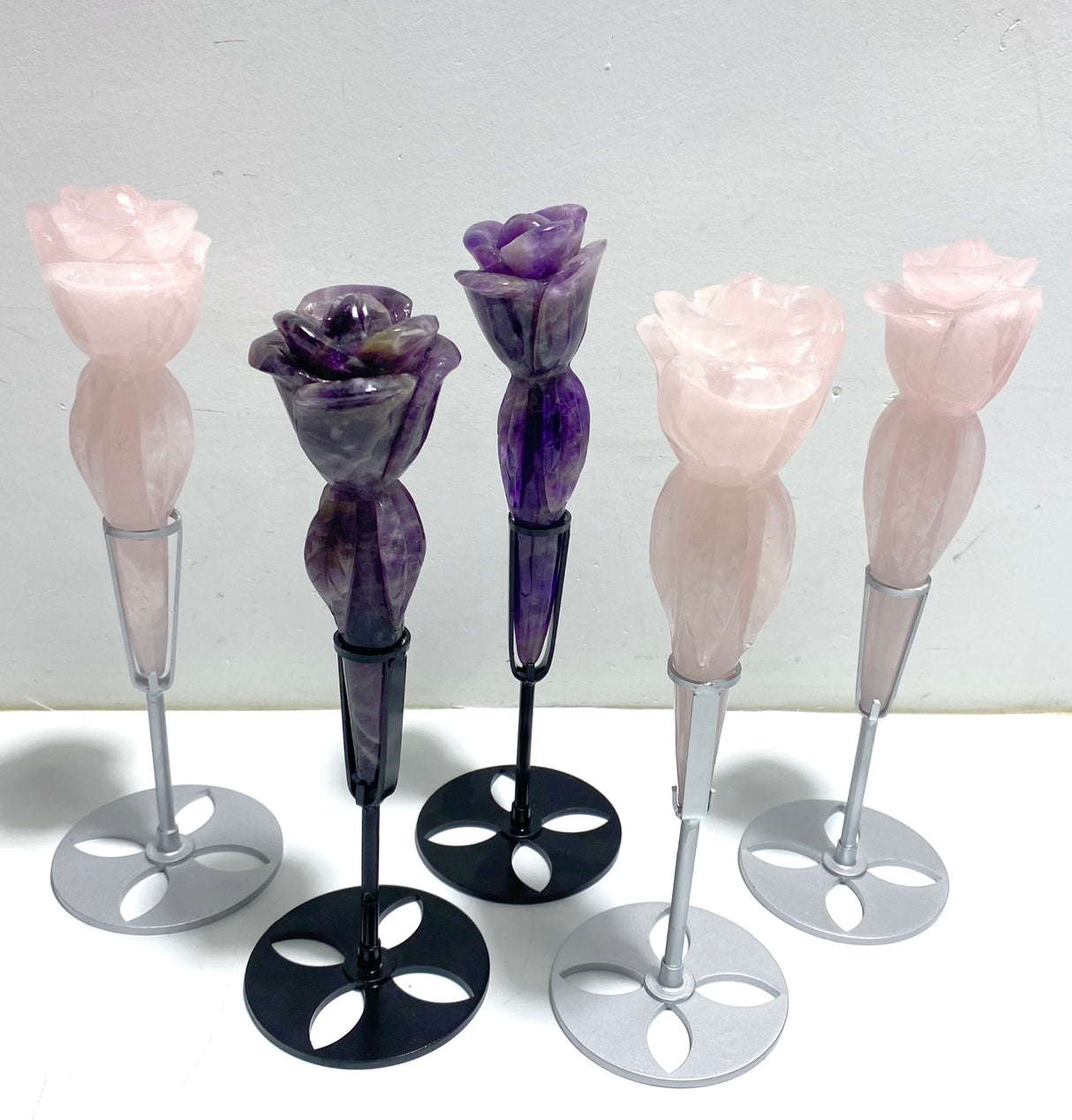 5 Pieces Rose Quartz Chevron Amethyst Flower Carving With Stand