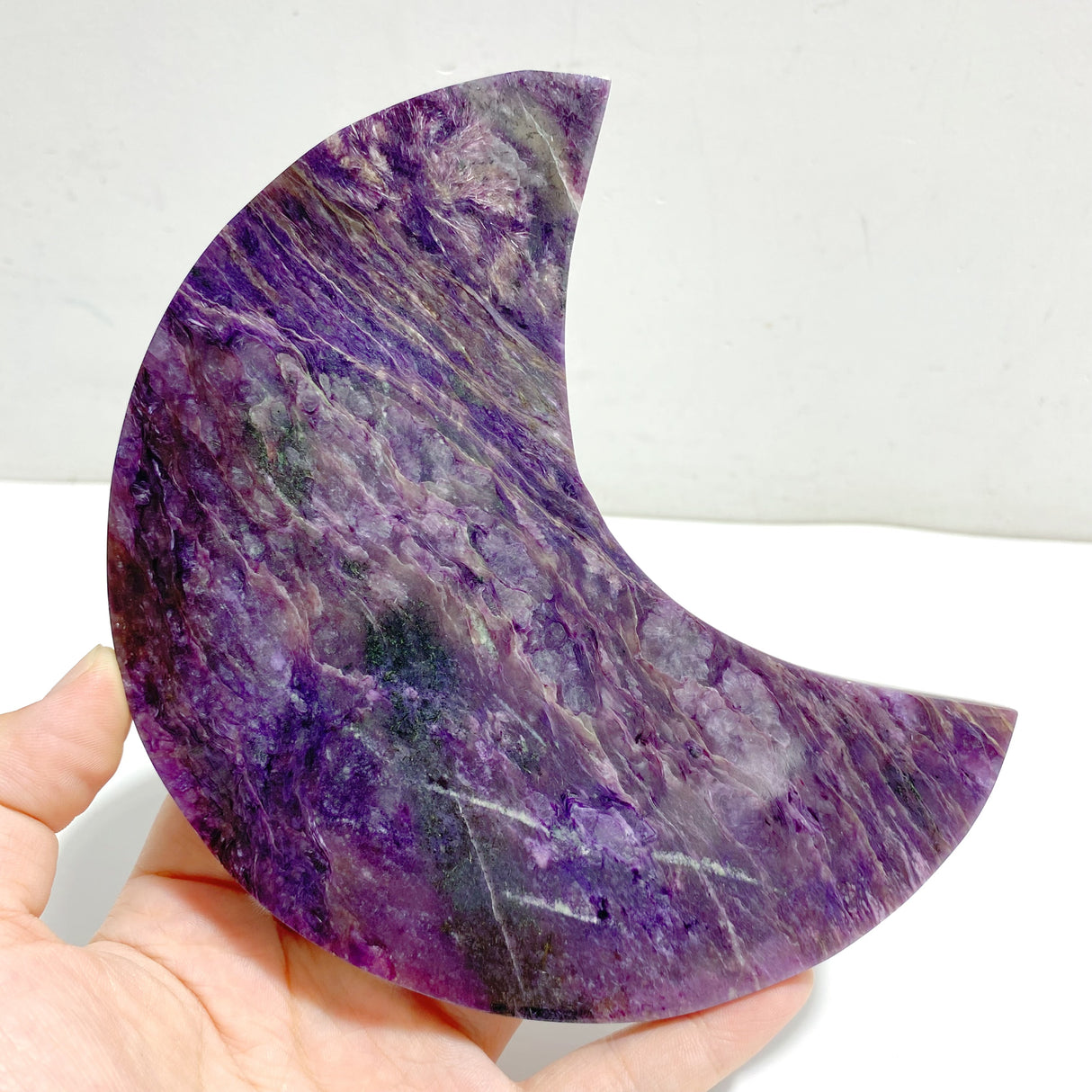 Large Charoite Moon Carving With Stand