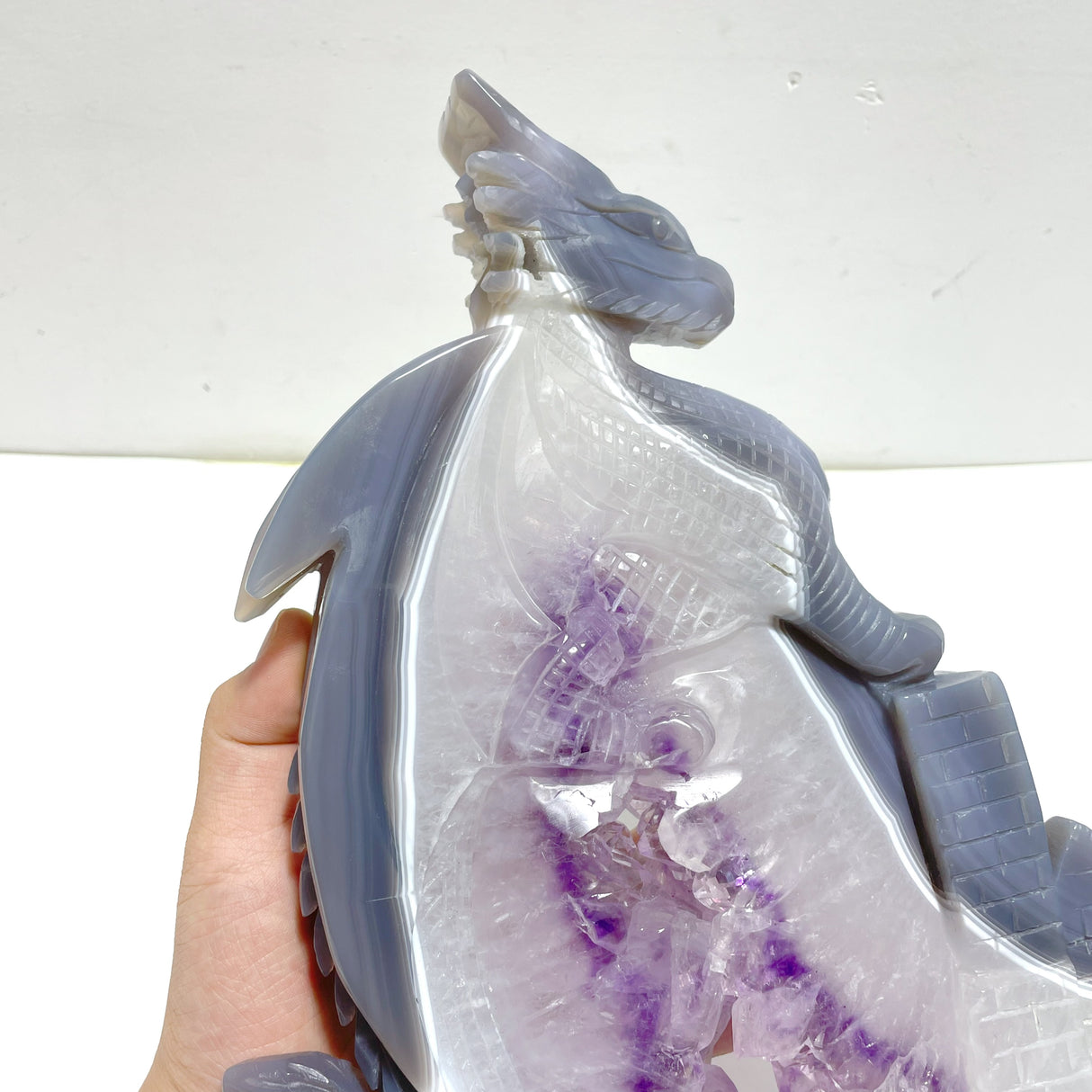 Unique Large Amethyst Mixed Geode Druzy Agate Flying Dragon Castle Carving With Stand