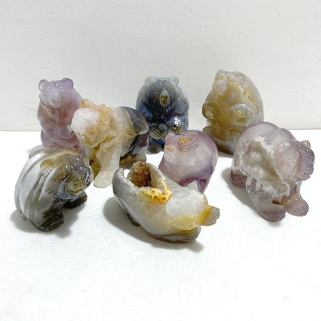 8 Pieces Geode Druzy Agate Bear Carving - Wholesale Crystals