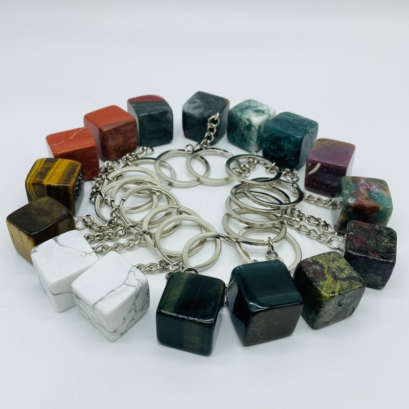 8 Types Cube Keychain Wholesale Howlite Dragon Blood Stone Moss Agate -Wholesale Crystals
