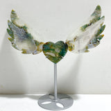 Moss Agate Heart Wing Carving With Stand
