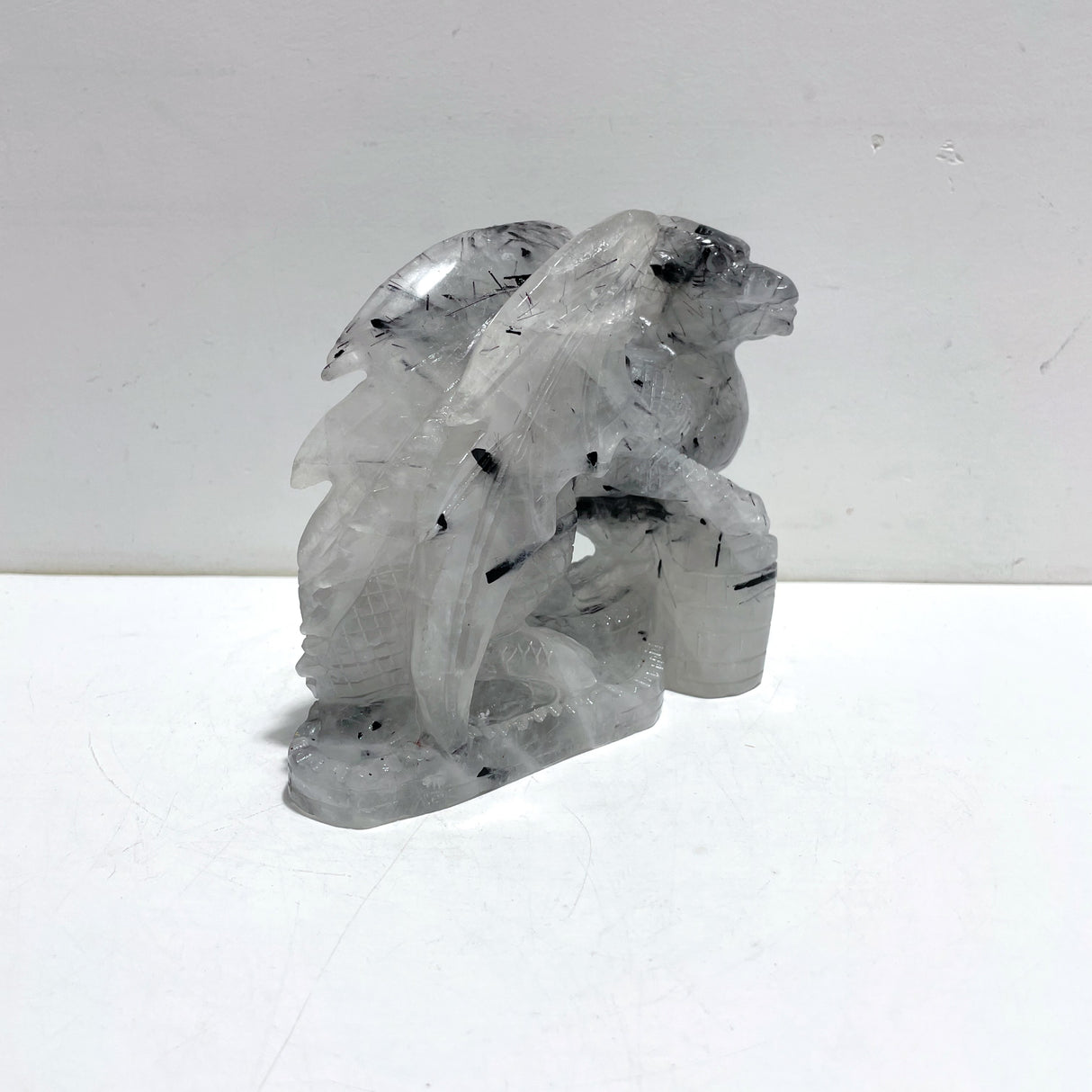 Unique Black Tourmaline Flying Dragon Castle Carving