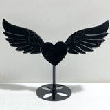 Black Obsidian Heart Wing Carving With Stand