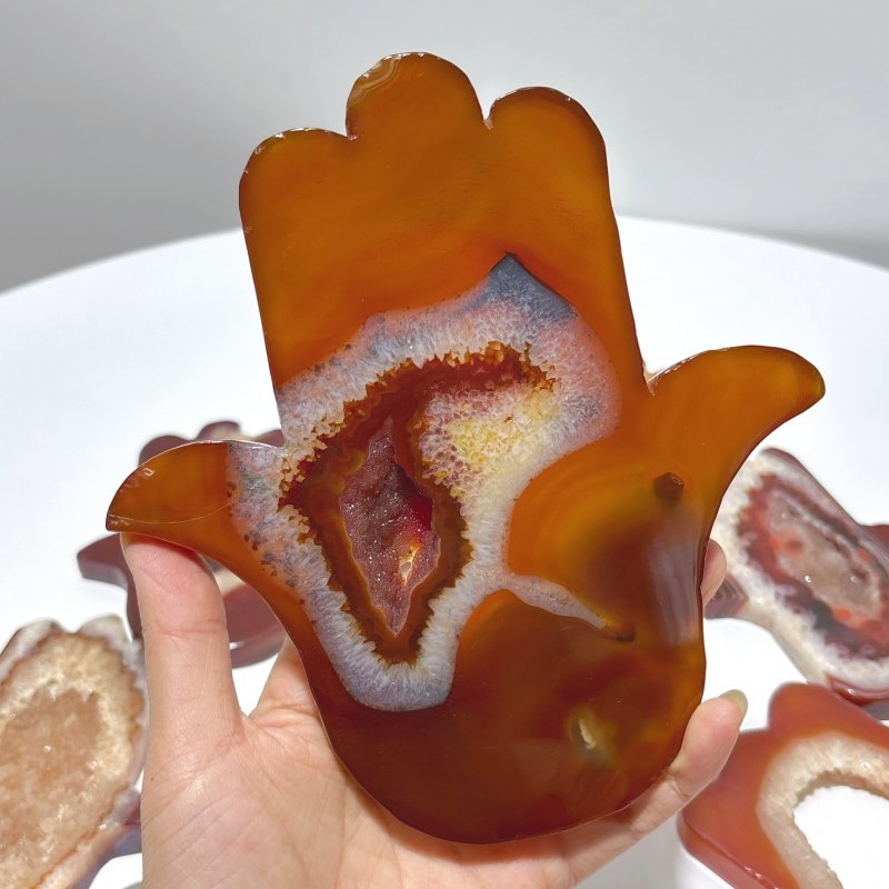 9 Pieces Large Carnelian Geode Hamsa Hand Carving - Wholesale Crystals