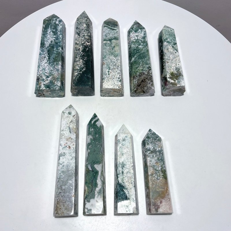 9 Pieces Large White Moss Agate Tower Points Closeout - Wholesale Crystals