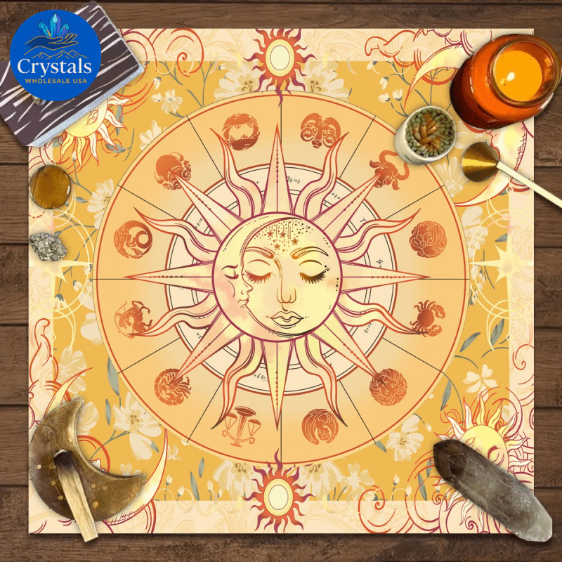 9 Sun Floral & Moon Phase Tarot Tablecloth - Wholesale Crystals