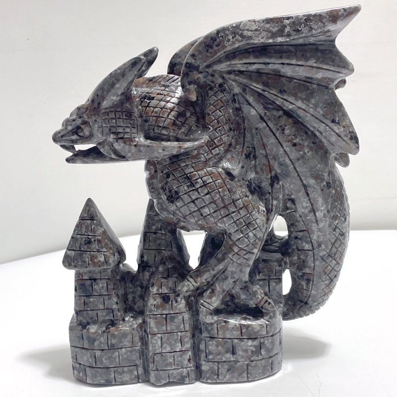 9.4in Unique Yooperlite Flying Dragon With Castle Carving (UV - Reactive) - Wholesale Crystals