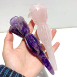 5 Pieces Rose Quartz Chevron Amethyst Flower Carving With Stand