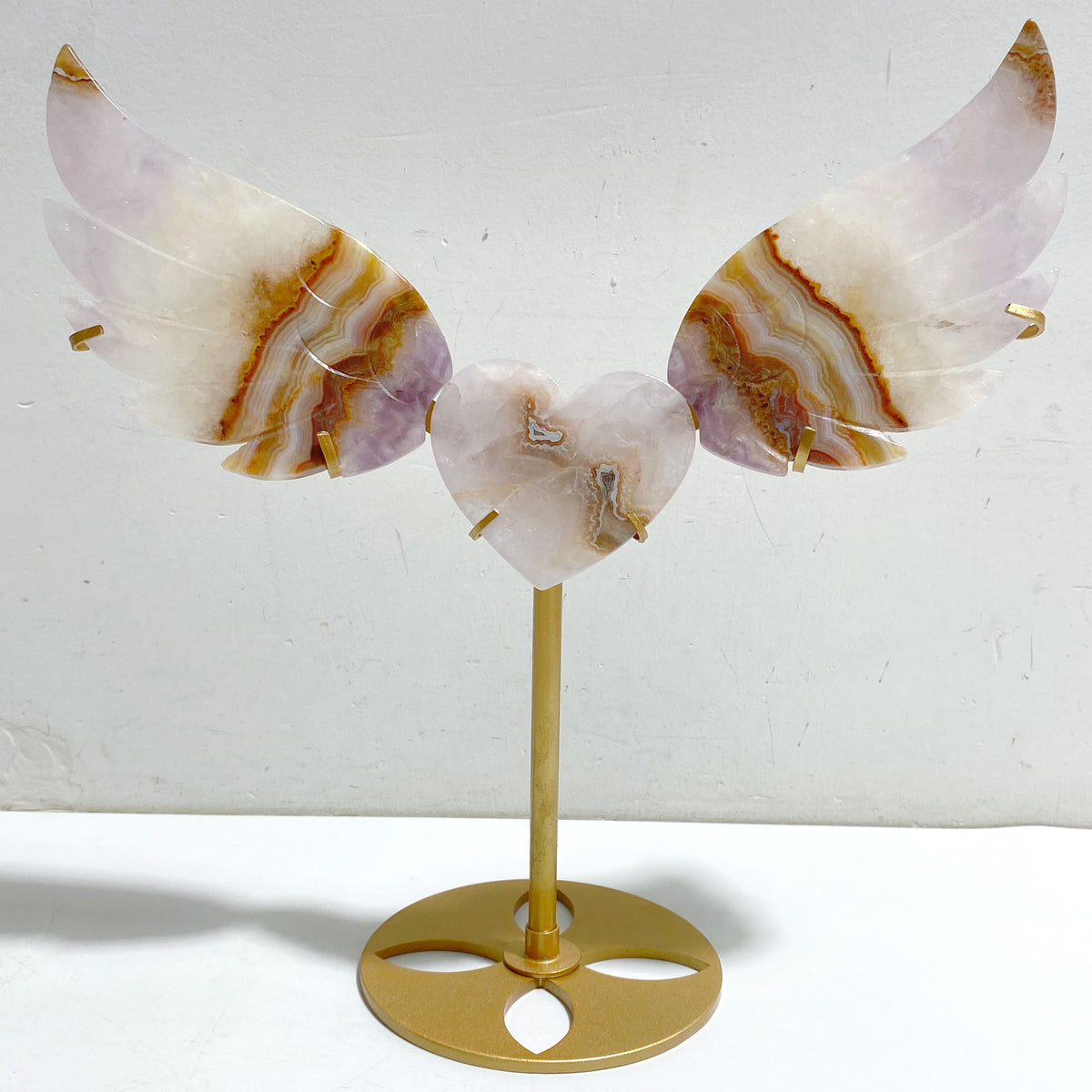 Amethyst Mixed Stripe Agate Heart Wing Carving With Stand