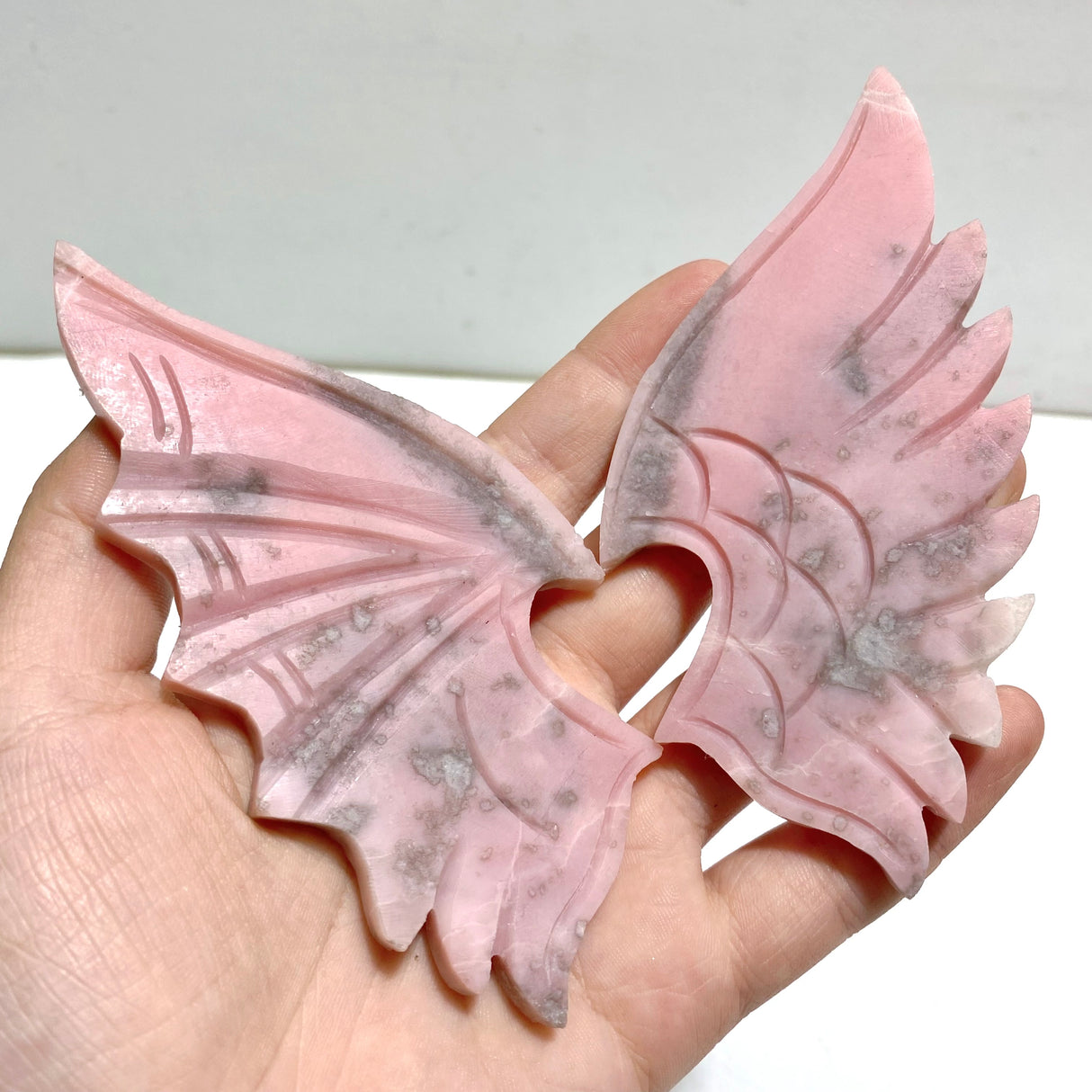 2 Pairs Pink Opal Demon Angel Wing Carving With Stand
