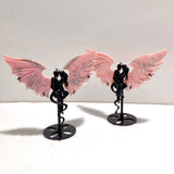 2 Pairs Pink Opal Demon Angel Wing Carving With Stand