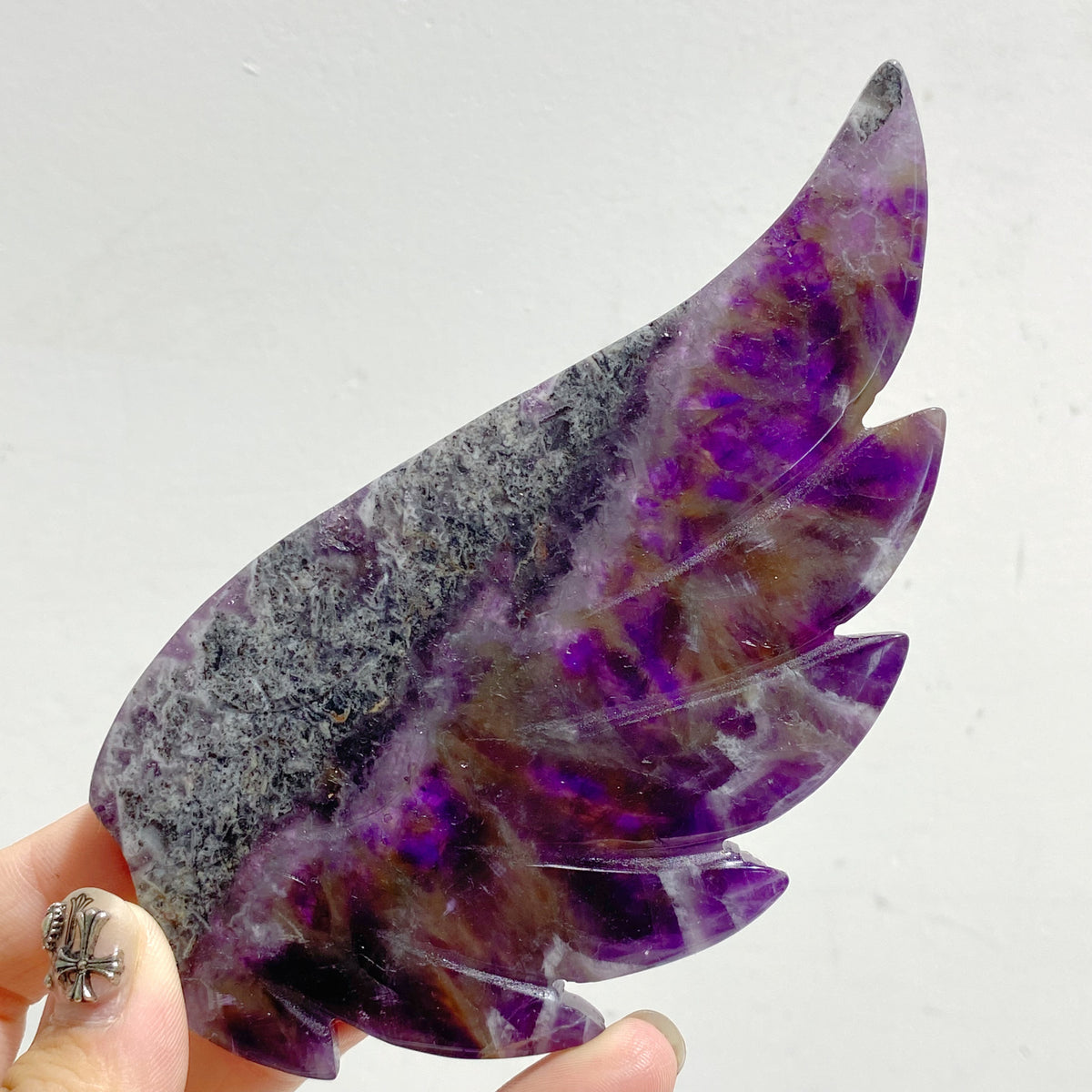 Unique Chevron Amethyst Heart Wing Carving With Stand