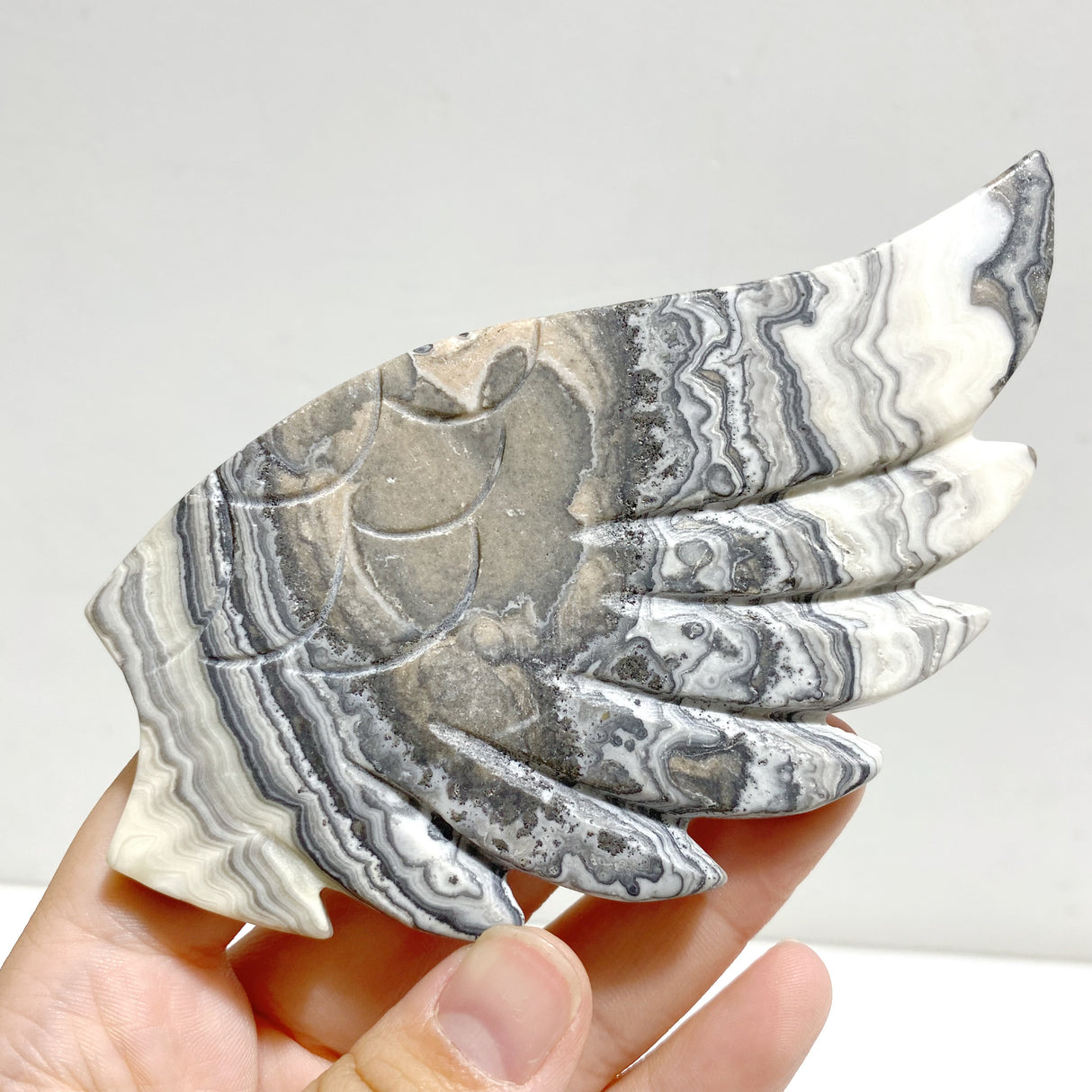 Gray Lace Agate Heart Wing Carving With Stand