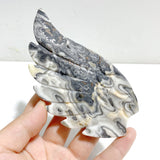 Unique Gray Blue Agate Heart Wing Carving With Stand