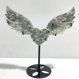 Moss Agate Heart Wing Carving With Stand
