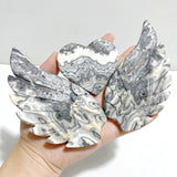 Unique Gray Blue Agate Heart Wing Carving With Stand