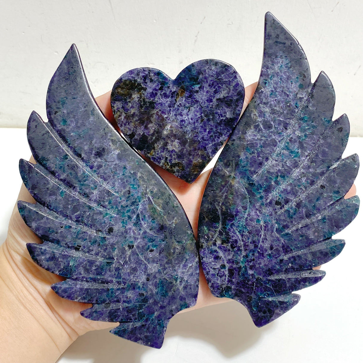 Fluorite Mixed Blue Apatite Heart Wing Carving With Stand