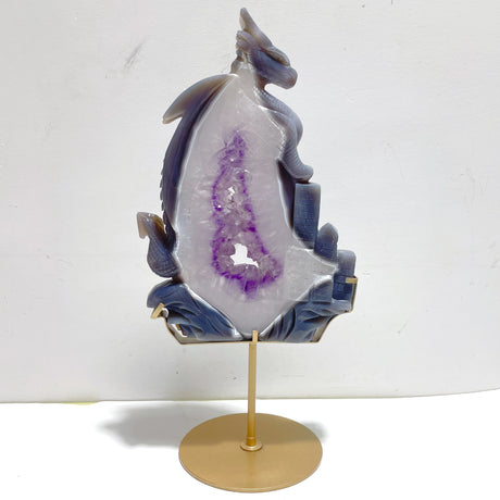 Unique Large Amethyst Mixed Geode Druzy Agate Flying Dragon Castle Carving With Stand