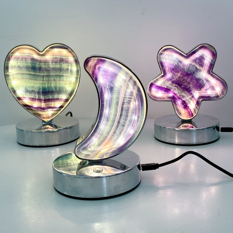 Beautiful Fluorite LED Table Lamp Flower Moon & Heart Shape - Wholesale Crystals