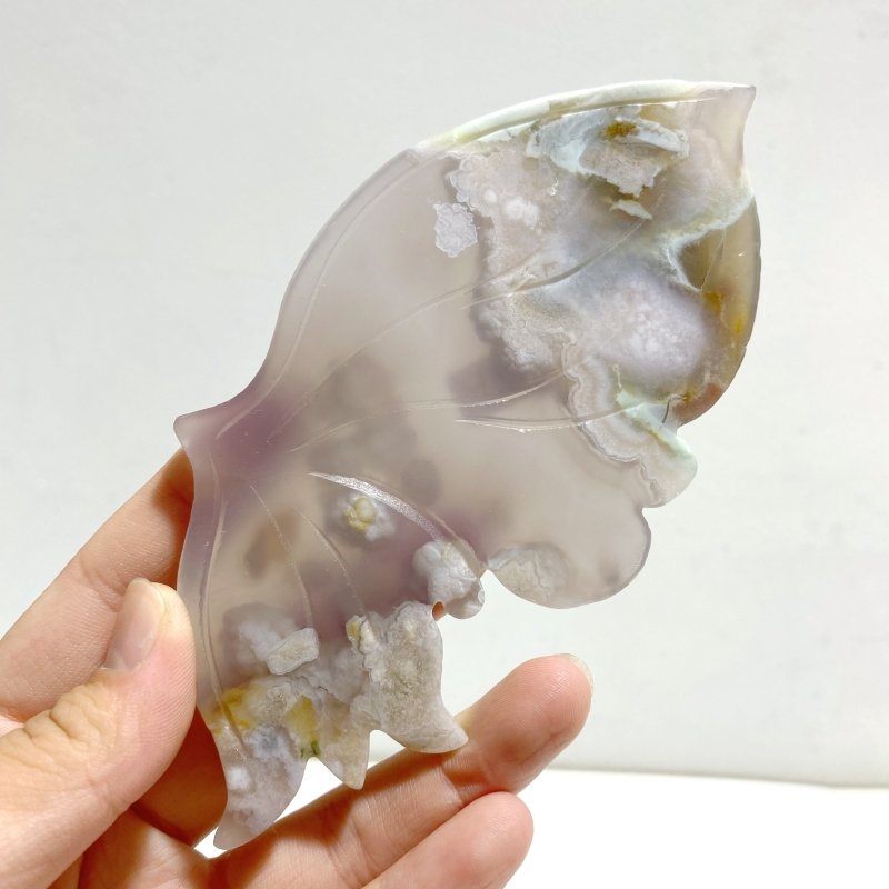 Beautiful Green Sakura Flower Agate Butterfly Wing Carving With Stand -Wholesale Crystals