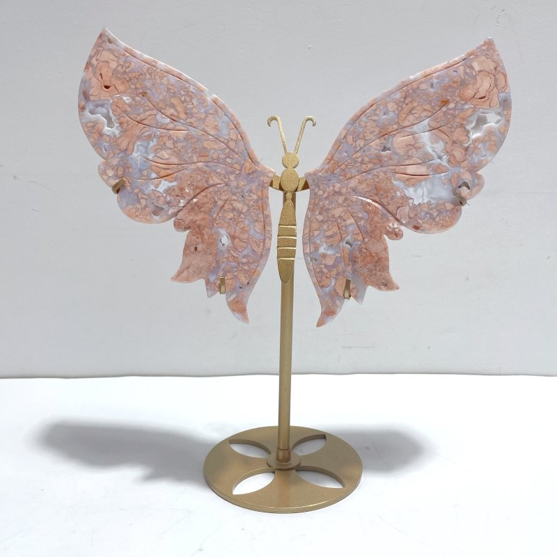 Beautiful Pink Agate Butterfly Wing Carving With Stand - Wholesale Crystals