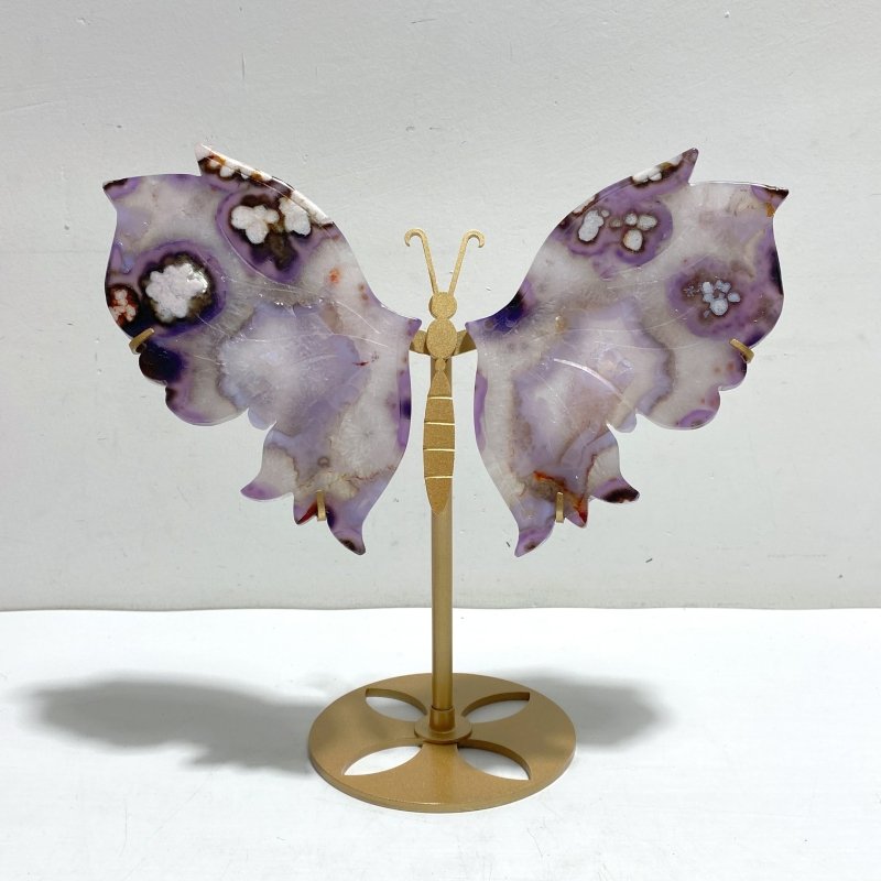 Beautiful Purple Sakura Flower Agate Butterfly Wing Carving With Stand - Wholesale Crystals