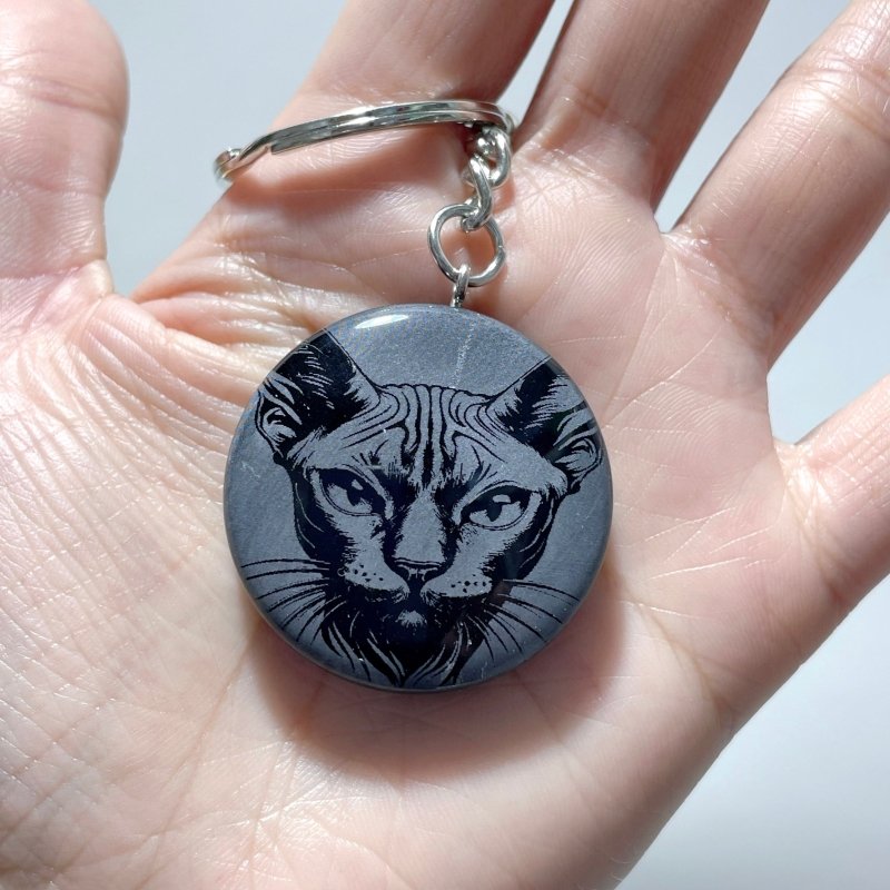 Black Obsidian Engraved Cat Round Slices Keychain Wholesale - Wholesale Crystals