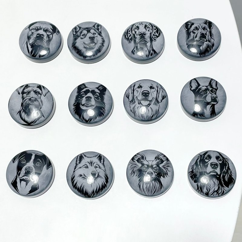 Black Obsidian Engraved Dog Round Slices DIY Accessories Wholesale - Wholesale Crystals