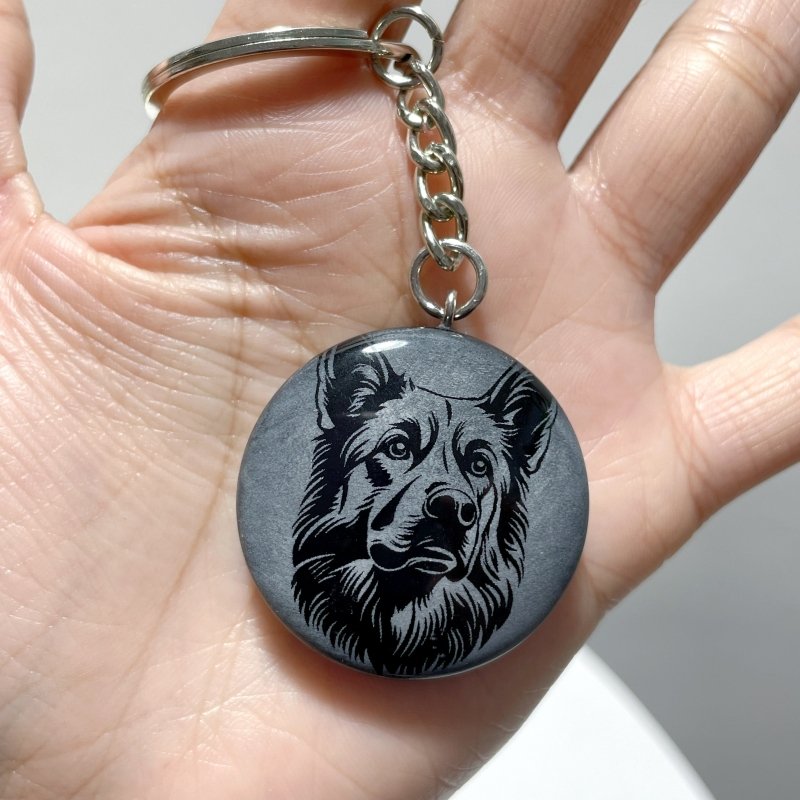 Black Obsidian Engraved Dog Round Slices Keychain Wholesale - Wholesale Crystals