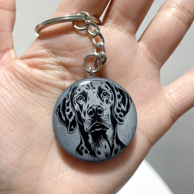 Black Obsidian Engraved Dog Round Slices Keychain Wholesale - Wholesale Crystals