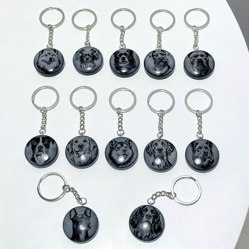 Black Obsidian Engraved Dog Round Slices Keychain Wholesale - Wholesale Crystals