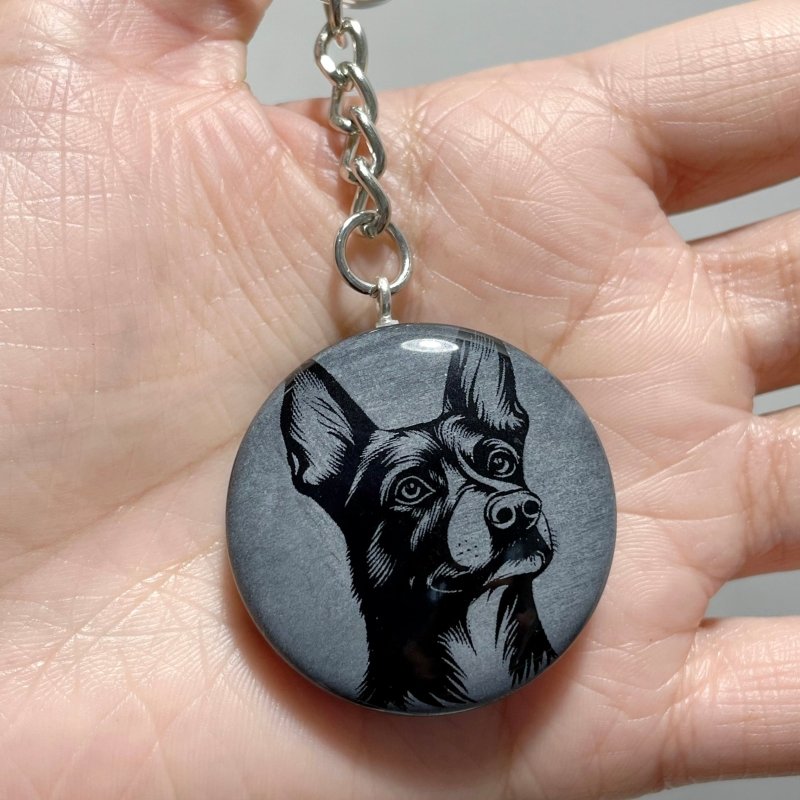 Black Obsidian Engraved Dog Round Slices Keychain Wholesale - Wholesale Crystals