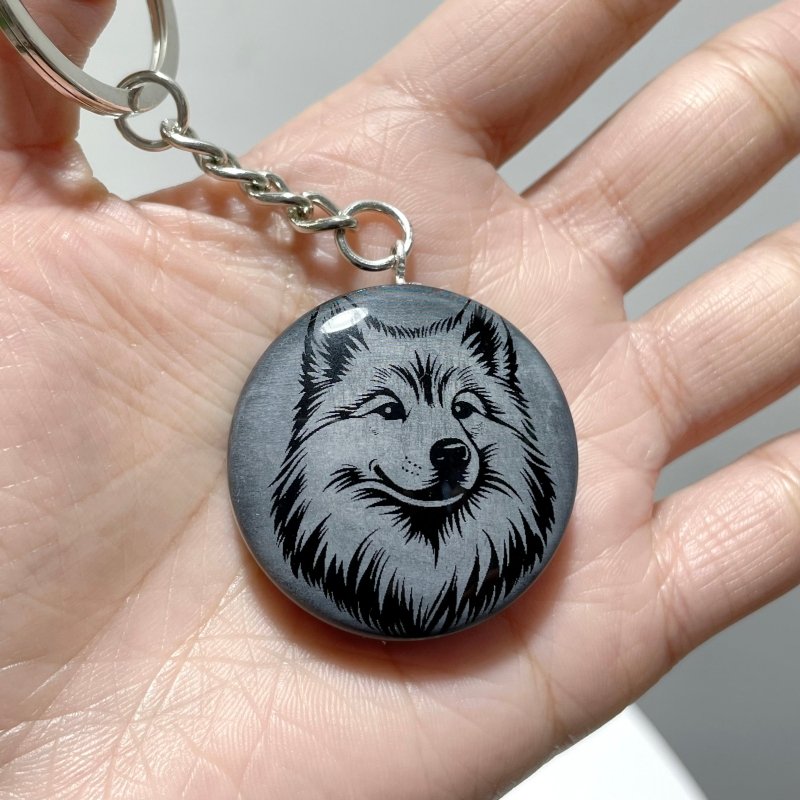 Black Obsidian Engraved Dog Round Slices Keychain Wholesale - Wholesale Crystals