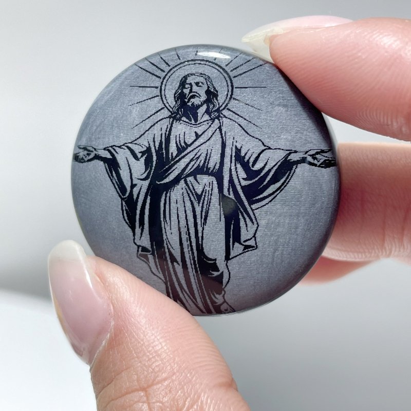 Black Obsidian Engraved Jesus Christ Round Slices DIY Accessories Wholesale - Wholesale Crystals