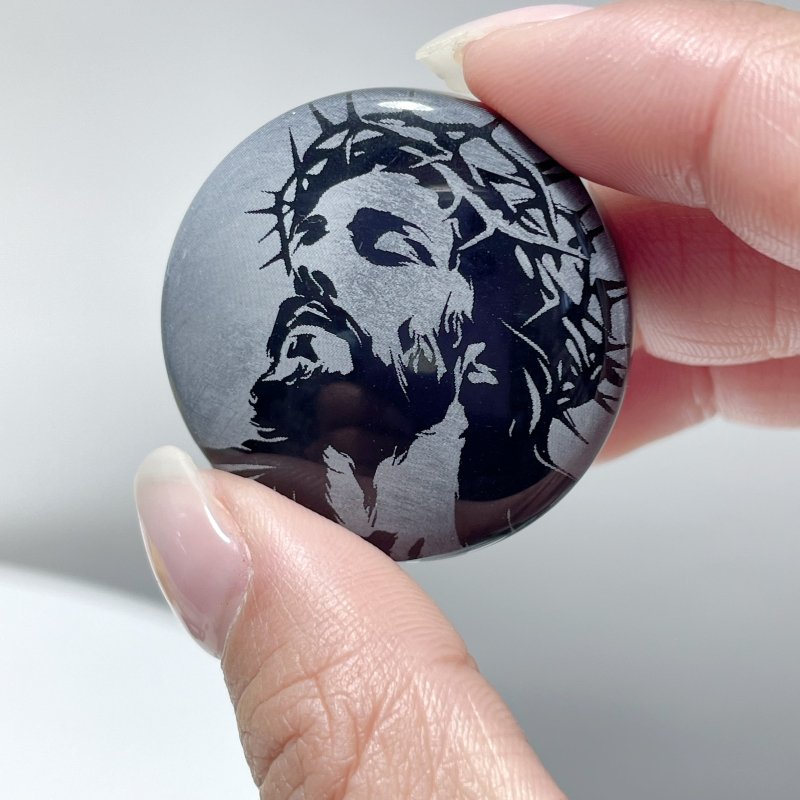 Black Obsidian Engraved Jesus Christ Round Slices DIY Accessories Wholesale - Wholesale Crystals