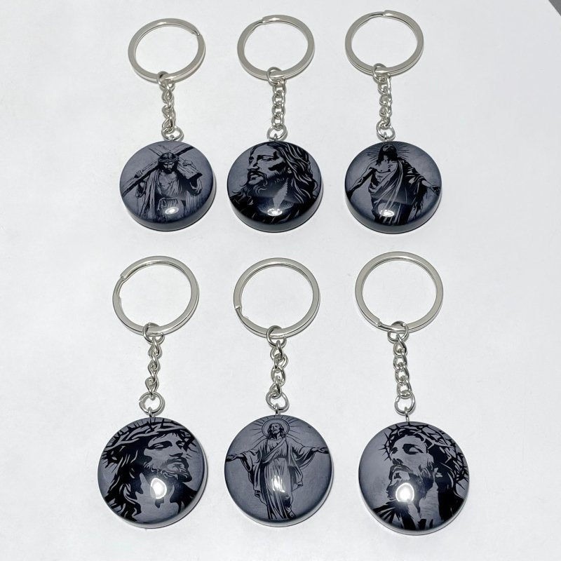 Black Obsidian Engraved Jesus Christ Round Slices Keychain Wholesale - Wholesale Crystals