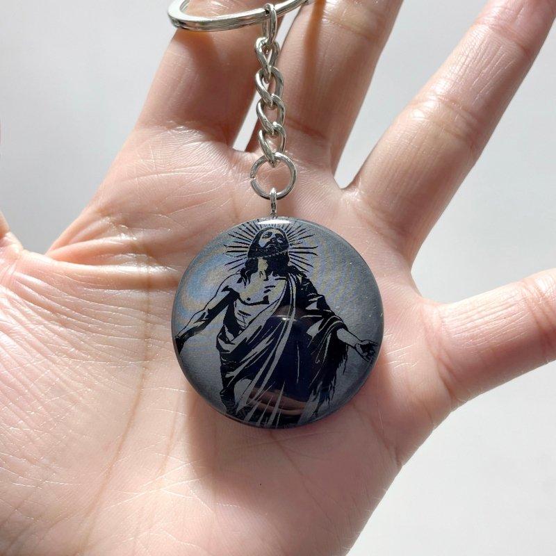 Black Obsidian Engraved Jesus Christ Round Slices Keychain Wholesale - Wholesale Crystals