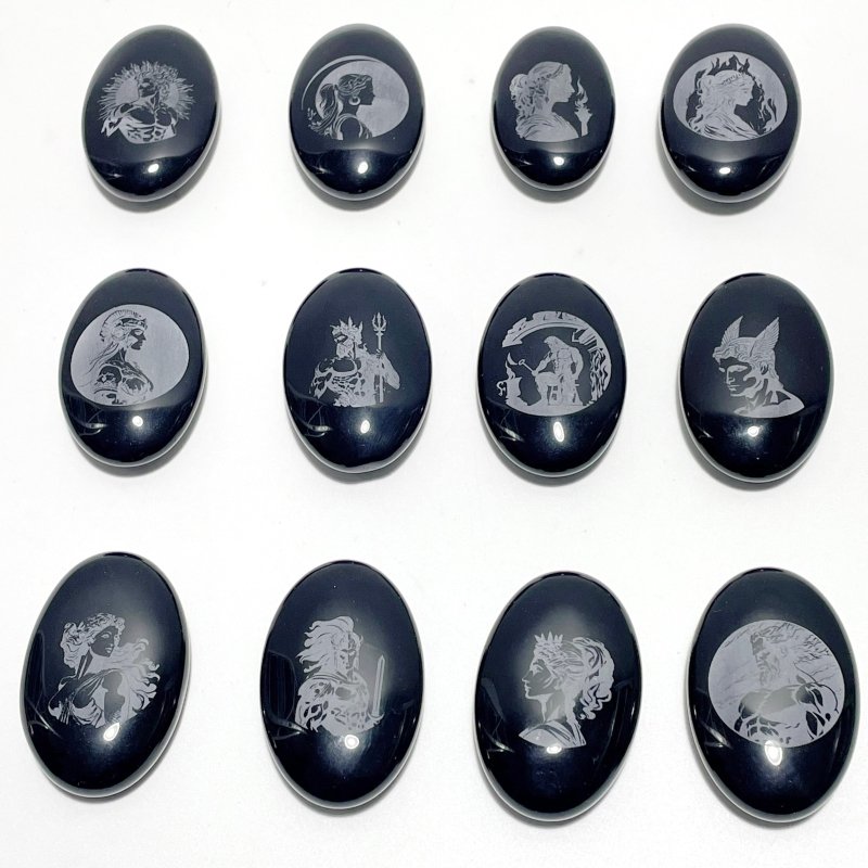 Black Obsidian Engraved Twelve Olympians Palm Stone Wholesale - Wholesale Crystals