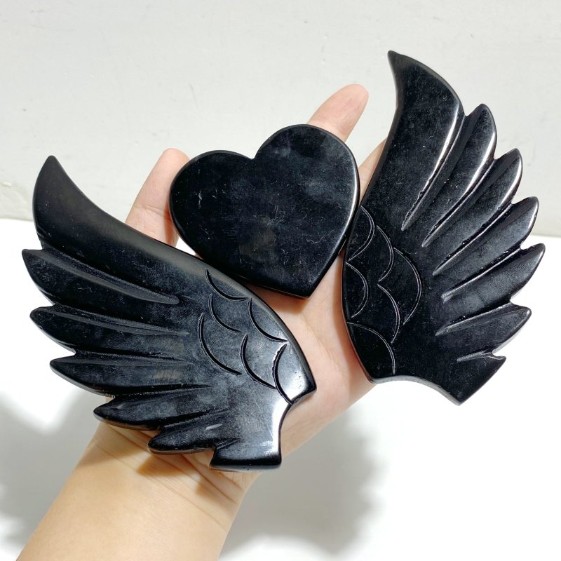 Black Obsidian Heart Wing Carving With Stand -Wholesale Crystals