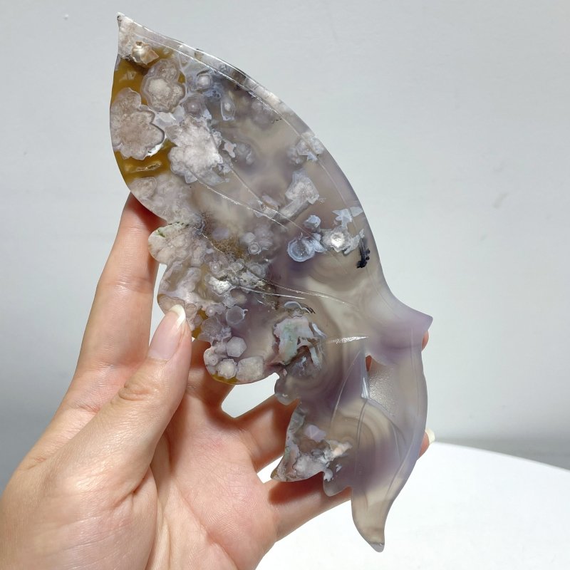 Black Sakura Flower Agate Butterfly Wing Carving With Stand - Wholesale Crystals