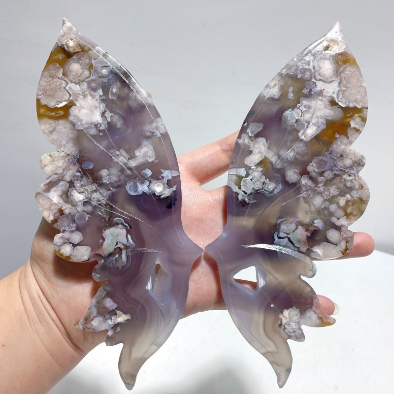 Black Sakura Flower Agate Butterfly Wing Carving With Stand - Wholesale Crystals