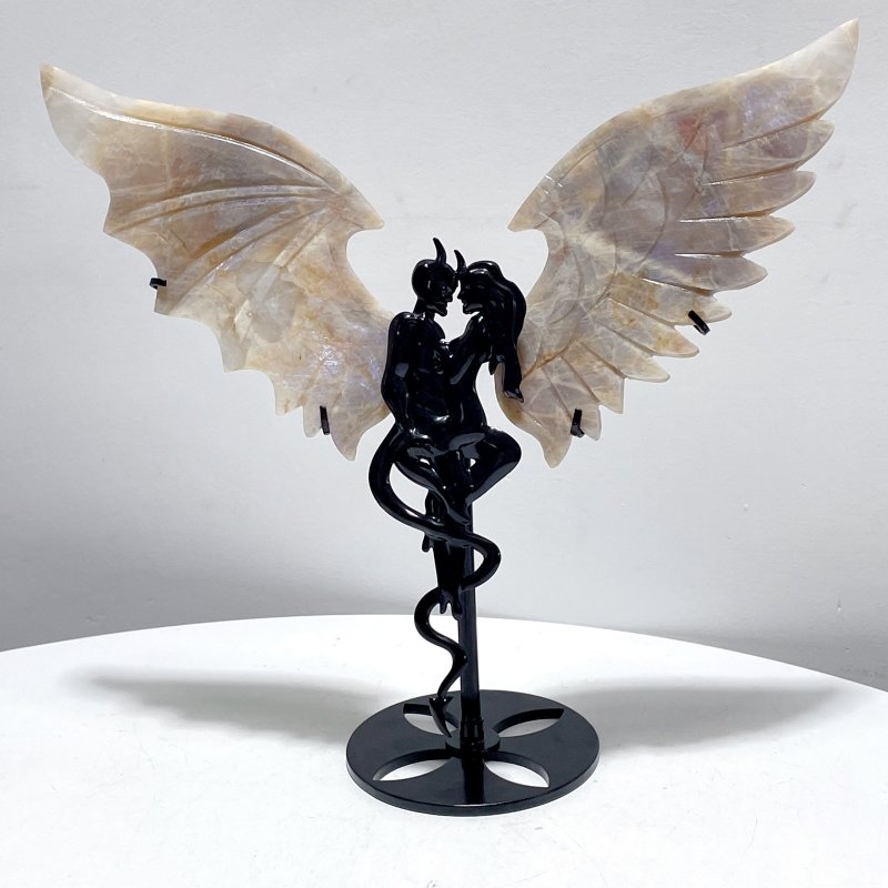 Blue Moonstone Demon And Angel Wing Carving With Stand - Wholesale Crystals