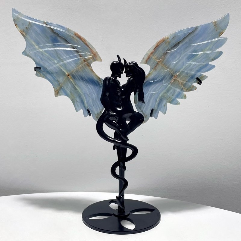 Blue Onyx Demon And Angel Wing Carving With Stand Ornament - Wholesale Crystals