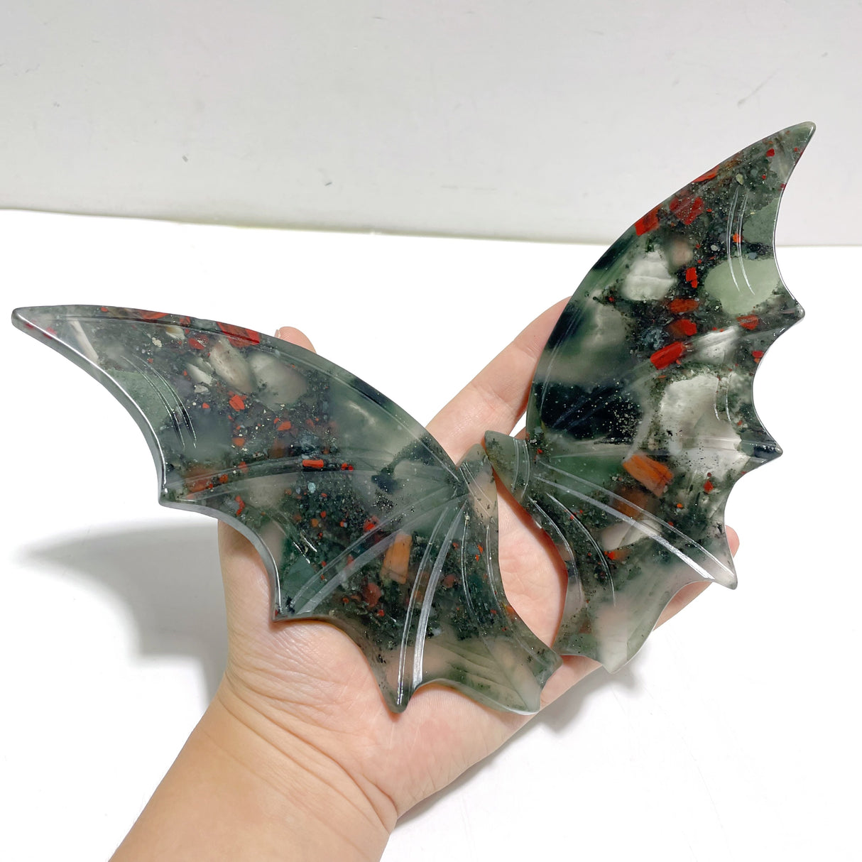 2 Pairs Africa Blood Stone Bat Wing Carving With Stand